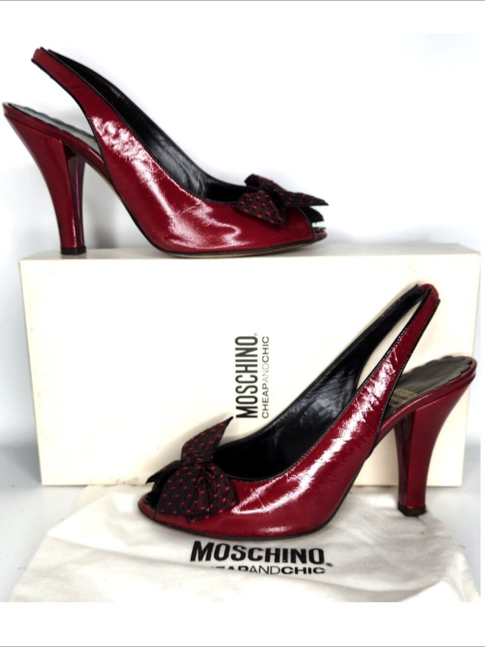 MOSCHINO CHEAP & CHIC vintage 38 woman red Patent slingback BOW shoes Authentic